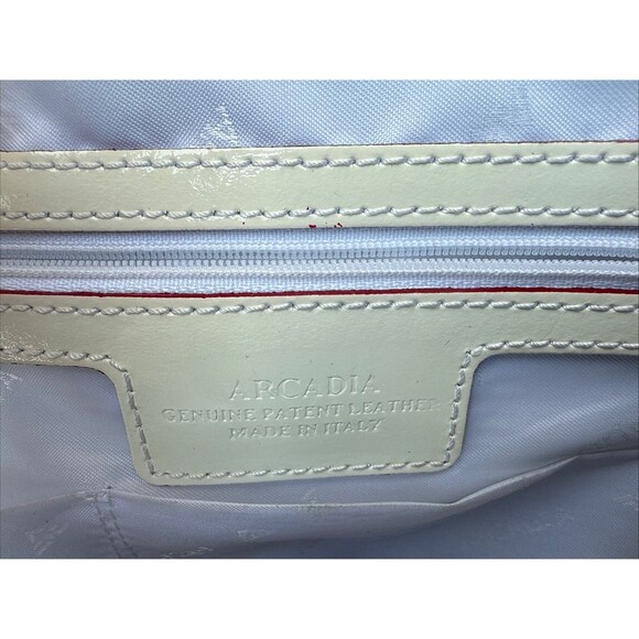 ARCADIA Italy Patent Leather handbang Cream W Gold tone Zip Logo Tan Handles & B - Picture 2 of 11